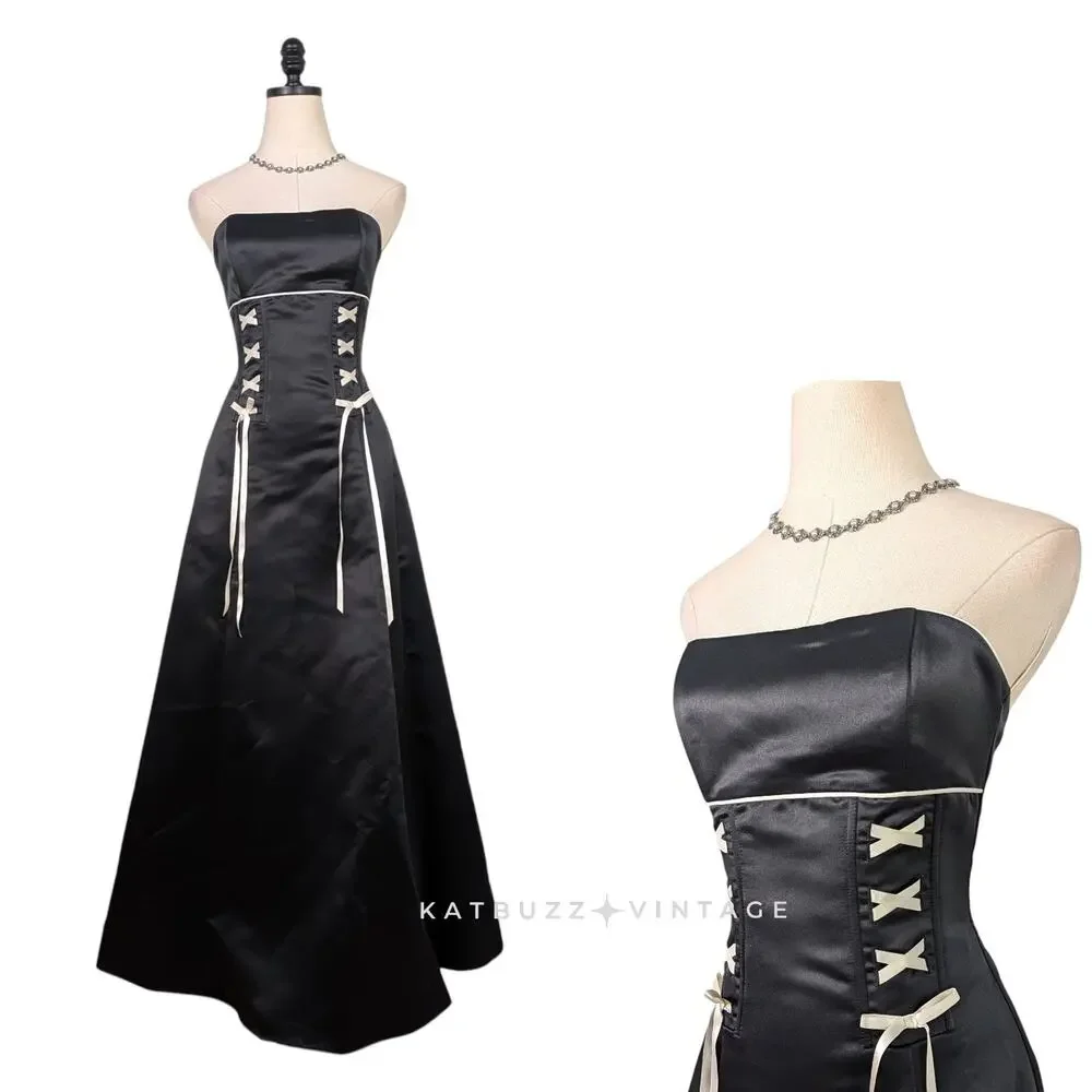 Vintage Mcclintock Prom Dress Maxi Gown 6 Black Corset Bow Coquette 90s Straples